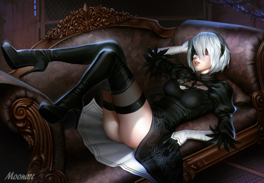 1girl absurdres ass audia_pahlevi black_dress black_gloves black_hairband black_legwear blindfold boots couch dress feather-trimmed_sleeves gloves hairband high_heel_boots high_heels highres huge_filesize lying nier_(series) nier_automata on_back panties pantyshot puffy_sleeves short_hair silver_hair solo thigh-highs thigh_boots underwear yorha_no._2_type_b