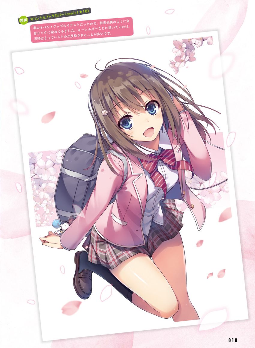 1girl bag bangs black_legwear blazer blue_eyes bow bowtie brown_hair cherry_blossoms eyebrows_visible_through_hair hair_ornament hairclip headphones highres jacket leg_up long_hair looking_at_viewer open_mouth original outdoors petals pleated_skirt school_bag school_uniform shirt shoes skirt smile solo tomose_shunsaku white_shirt