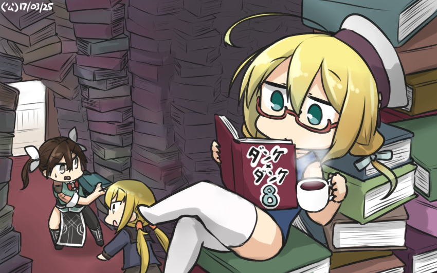 3girls :o ahoge asymmetrical_clothes beret blonde_hair book book_stack brown_hair coffee_cup commentary_request dated from_behind glasses green_eyes hair_ribbon hamu_koutarou hat highres i-8_(kantai_collection) kantai_collection legs_crossed low_twintails multiple_girls pelvic_curtain red-framed_eyewear remodel_(kantai_collection) ribbon satsuki_(kantai_collection) semi-rimless_glasses sitting sitting_on_books thigh-highs tone_(kantai_collection) twintails under-rim_glasses white_legwear