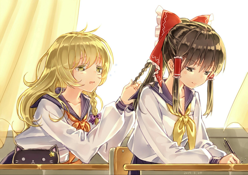 2girls alternate_costume anger_vein blonde_hair bow braid braiding_hair brown_eyes brown_hair collarbone colored_eyelashes curtains dated desk drooling hair_bow hair_ribbon hair_tubes hairdressing hakurei_reimu highres indoors jiinyo_(awamoe1207) kirisame_marisa long_hair long_sleeves looking_at_another looking_down multiple_girls neckerchief orange_neckerchief pen pencil_case ribbon school school_desk school_uniform serafuku sidelocks single_braid sleepy smile touhou tress_ribbon writing yellow_eyes yellow_neckerchief