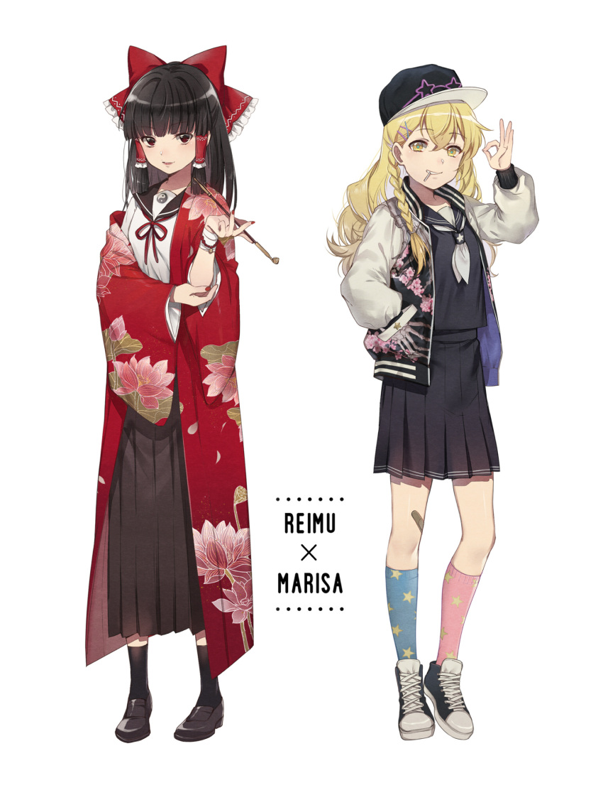 2girls alternate_costume bandaid bandaid_on_leg bangs black_eyes black_hair black_legwear black_serafuku black_shoes black_skirt blonde_hair blue_legwear blunt_bangs bow braid character_name ekira_nieto floral_print hair_bow hair_tubes hakurei_reimu hand_in_pocket highres jacket japanese_clothes kimono kirisame_marisa kiseru kneehighs long_sleeves looking_at_viewer mismatched_legwear multiple_girls nail_polish neckerchief ok_sign pink_legwear pipe pleated_skirt red_bow sailor_collar school_uniform serafuku shoes side_braid skirt socks standing star star_print touhou white_shoes yellow_eyes yin_yang