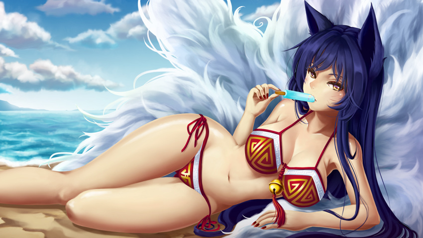 1girl ahri animal_ears arm_support bare_arms bare_shoulders beach bell bikini blue_hair blush breasts cleavage clouds day eating facepaint fingernails food fox_ears fox_tail gluteal_fold heterochromia hips horizon ice_cream jingle_bell large_breasts league_of_legends legs long_fingernails long_hair looking_at_viewer lying midriff multiple_tails nail_polish navel nokapi ocean on_side orange_eyes outdoors popsicle red_bikini red_nails revision sand shore side-tie_bikini solo stomach swimsuit tail thigh_gap very_long_hair violet_eyes