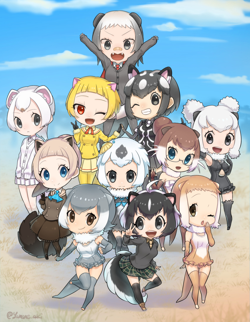 &gt;:) &gt;:d 6+girls :&lt; :3 :d ;d ;o aki_yamane alaskan_sea_otter_(kemono_friends) animal_ears arm_at_side arm_up armpits arms_up ascot bad_perspective bandaid bandaid_on_nose bangs bare_shoulders beige_boots beige_gloves beige_skirt black_cardigan black_eyes black_gloves black_hair black_legwear black_swimsuit blonde_hair blue_ascot blue_eyes blue_neckerchief blue_sky blunt_bangs boots brown_eyes brown_gloves brown_hair brown_jacket brown_shirt brown_skirt brown_swimsuit buttons cape cardigan chibi clenched_hands clouds cloudy_sky collar collared_shirt commentary_request covering_mouth cross-laced_footwear day dot_nose double_bun elbow_gloves error eurasian_otter_(kemono_friends) eyebrows_visible_through_hair eyelashes fang fangs fingerless_gloves frilled_skirt frilled_swimsuit frills full_body fur-trimmed_sleeves fur_collar fur_trim glasses gloves gradient_hair grass green_skirt grey_cardigan grey_eyes grey_gloves grey_hair grey_legwear grey_shirt grey_skirt grey_swimsuit grin ground hair_bun hand_up hands_together hands_up highres index_finger_raised jacket japanese_marten_(kemono_friends) japanese_otter_(kemono_friends) jewelry kemono_friends leg_lift light_brown_hair long_hair long_sleeves looking_at_another looking_at_viewer looking_to_the_side marten_ears medium_hair multicolored multicolored_clothes multicolored_hair multicolored_swimsuit multiple_girls neck_ribbon neckerchief necklace necktie one-piece_swimsuit one_eye_closed open_hand open_mouth otter_(kemono_friends) otter_ears otter_tail outdoors own_hands_together pantyhose plaid plaid_skirt pleated_skirt ratel_(kemono_friends) ratel_ears red_cape red_eyes red_necktie red_ribbon ribbon sable_(kemono_friends) sable_ears sable_tail semi-rimless_glasses shadow shell_hair_ornament shell_necklace shiny shiny_hair shirt shoelaces short_hair short_sleeves silver-framed_eyewear skirt skunk_ears skunk_tail sky sleepy smile southern_sea_otter_(kemono_friends) spotted_skunk_(kemono_friends) standing standing_on_one_leg stoat_(kemono_friends) stoat_ears strapless strapless_swimsuit striped_skunk_(kemono_friends) swimsuit symmetrical_hand_pose tail tareme tears teeth thigh-highs tsurime twitter_username two-tone_hair under-rim_glasses upper_teeth v vest waving white_hair white_necktie white_shirt white_skirt white_swimsuit yawning yellow_jacket yellow_legwear yellow_necktie zettai_ryouiki
