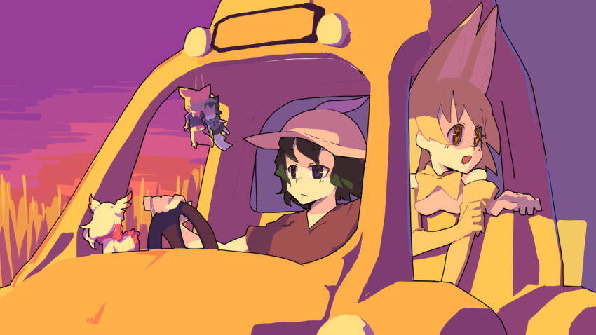 animal_ears cat_ears crested_ibis_(kemono_friends) driving fennec_(kemono_friends) figure fox_ears japari_bus kaban kemono_friends multiple_girls raccoon_(kemono_friends) raccoon_ears serval_(kemono_friends) serval_ears short_hair tail