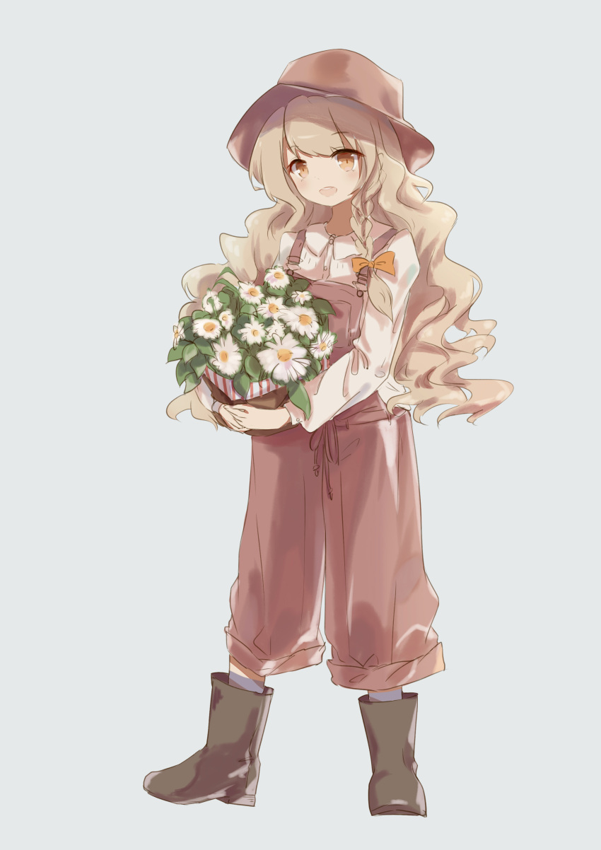 1girl :d absurdres alternate_costume black_boots blonde_hair blue_background boots bow braid brown_hat c_(artist) collared_shirt commentary_request daisy flower flower_basket full_body hair_bow hair_ribbon hat highres kirisame_marisa long_hair long_sleeves looking_at_viewer object_hug open_mouth orange_bow orange_eyes overalls puffy_long_sleeves puffy_sleeves ribbon shirt side_braid simple_background single_braid smile solo suspenders touhou tress_ribbon wavy_hair white_flower white_shirt