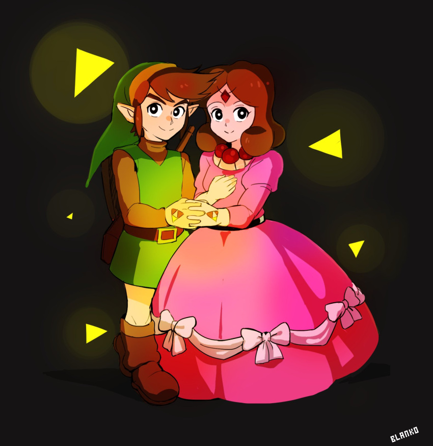 1boy 1girl artist_name black_background black_eyes blanko! boots bright_pupils brown_hair circlet dress glowing hand_holding hat highres link pointy_ears princess_zelda simple_background smile the_legend_of_zelda the_legend_of_zelda_(nes) triforce tunic