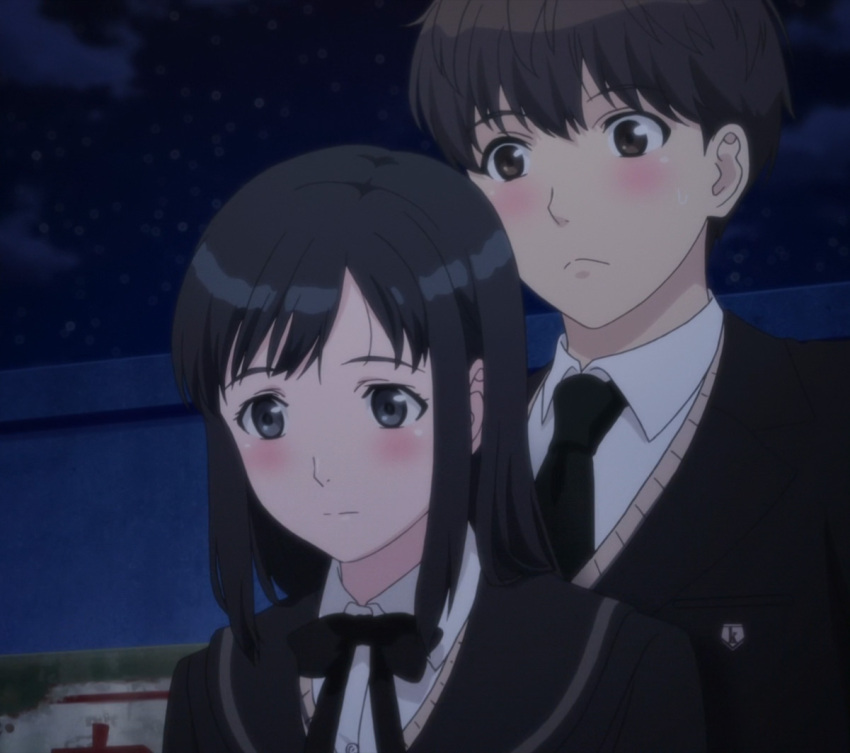 1boy 1girl black_eyes black_hair blush kamita_shouichi long_hair school_uniform screencap seiren touno_kyouko