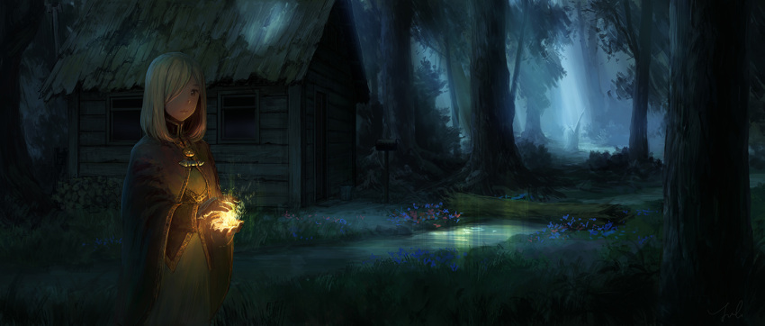 1girl bucket clasp cloak cowboy_shot expressionless fallen_tree flower forest glowing glowing_eyes high_collar long_sleeves looking_at_viewer mage mailbox medallion moonbeam moonlight nature night original outdoors red_eyes shack short_hair solo stream usada_yuh white_hair