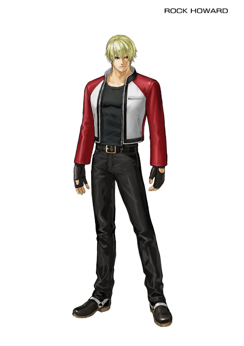 1boy belt black_pants black_shirt blonde_hair character_name fatal_fury fingerless_gloves gloves highres jacket male_focus mark_of_the_wolves official_art pants red_eyes red_jacket rock_howard shirt snk solo the_king_of_fighters the_king_of_fighters_xiv unzipped zipper