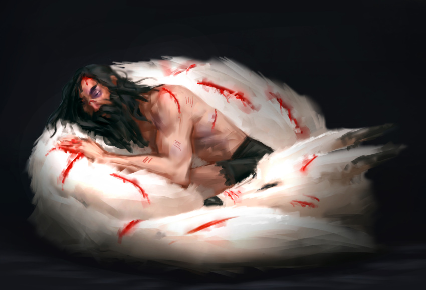 1boy alternate_hair_length alternate_hairstyle animal beard black_eye black_hair blood bruise cuts facial_hair highres injury long_hair messy_hair muscle on_animal samurai_jack samurai_jack_(character) shirtless sleeping stinkypanda torn_clothes wolf