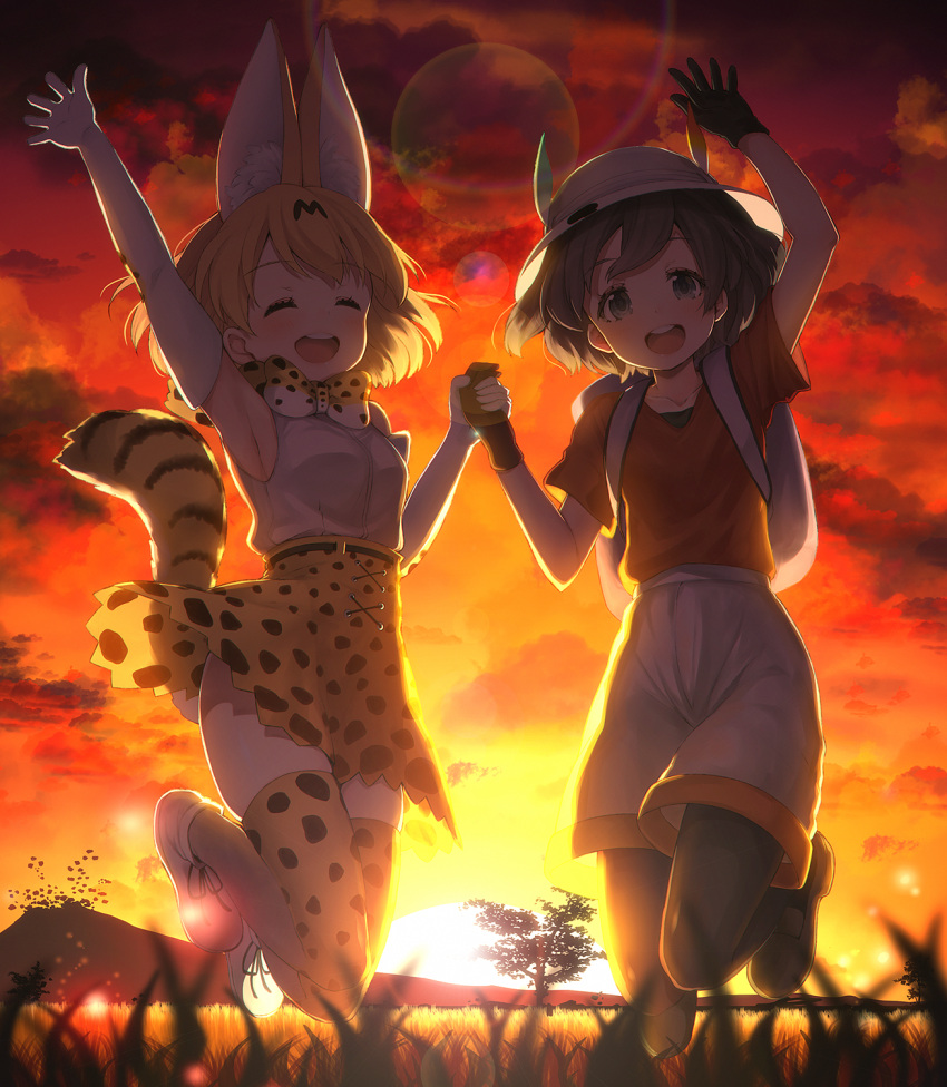 2girls animal_ears animal_print backlighting backpack bag bare_shoulders black_gloves black_hair black_legwear blonde_hair blurry bow closed_eyes commentary_request depth_of_field elbow_gloves full_body gloves hand_holding hat hat_feather highres jumping kaban kemono_friends looking_at_viewer multiple_girls nature open_mouth outdoors pantyhose serval_(kemono_friends) serval_ears serval_print serval_tail shirt short_hair shorts skirt sky sleeveless sleeveless_shirt sun sunrise t-shirt tail thigh-highs tree vsi0v white_shirt