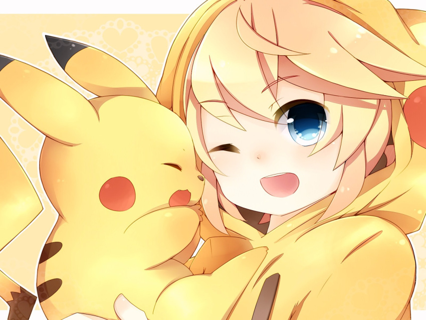 1boy ;d arms_out blonde_hair blue_eyes closed_eyes hoodie kagamine_len looking_at_viewer male open_mouth pikachu pokemon pokemon_(creature) short_hair tagme vocaloid wallpaper winking