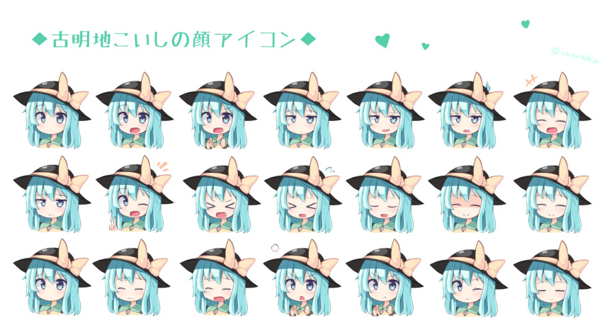 &gt;_&lt; 1girl :t blush bow character_sheet closed_eyes expressions hat heart komeiji_koishi looking_at_viewer ominaeshi_(takenoko) open_mouth smile solo touhou