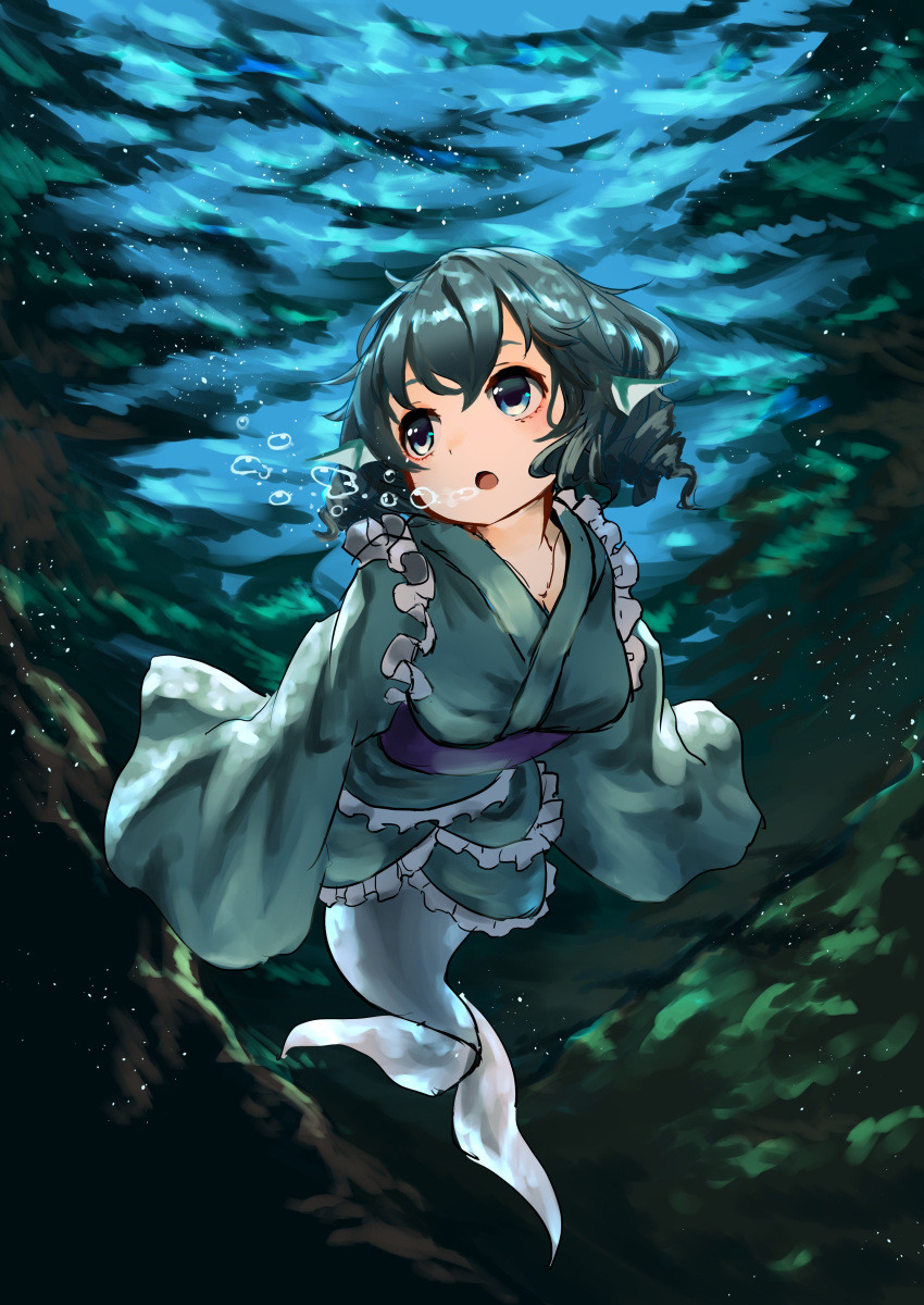 1girl absurdres blue_eyes blue_hair bubble diving head_fins highres japanese_clothes kimono long_sleeves looking_away mermaid monster_girl open_mouth pyonsuke_(pyon2_mfg) short_hair solo touhou underwater wakasagihime water wide_sleeves