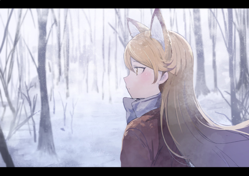 1girl animal_ears bare_tree blazer blonde_hair blush bow bowtie commentary expressionless eyebrows_visible_through_hair eyelashes ezo_red_fox_(kemono_friends) fox_ears from_behind from_side jacket kemono_friends koruse letterboxed light_brown_eyes long_hair long_sleeves looking_afar orange_jacket outdoors profile scenery snow snowing solo tree tsurime upper_body white_bow white_bowtie