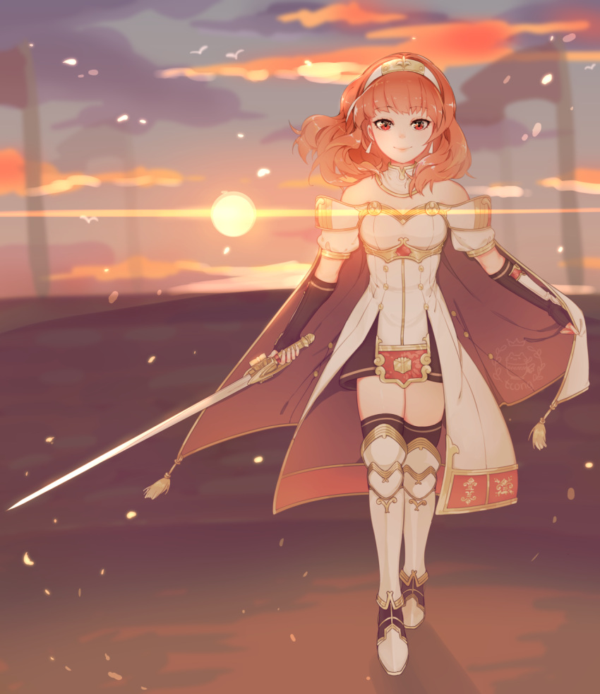1girl artist_logo artist_name cape celica_(fire_emblem) clouds cloudy_sky dress earrings fire_emblem fire_emblem_echoes:_mou_hitori_no_eiyuuou gloves headband highres jewelry long_hair red_eyes redhead skirt sky smile solo sparkle_background strapless strapless_dress sun sunset sword tcong weapon white_dress