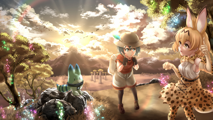 2girls animal_ears backpack bag bird black_gloves black_hair blonde_hair bucket_hat clouds cloudy_sky elbow_gloves gloves hair_between_eyes hat hat_feather highres kaban kemono_friends lucky_beast_(kemono_friends) multiple_girls open_mouth pantyhose red_shirt scenery serval_(kemono_friends) serval_ears serval_print serval_tail shirt short_hair shorts sky smile tail tdnd-96 tree wavy_hair