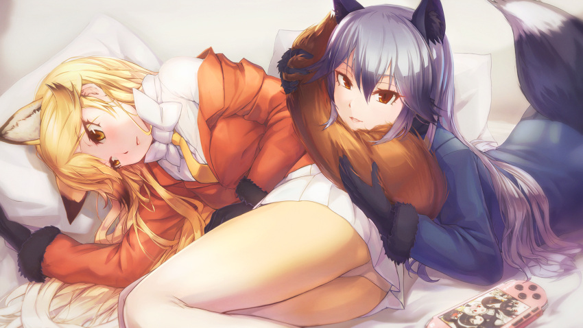 2girls animal_ears black_gloves black_hair blonde_hair bow bowtie ezo_red_fox_(kemono_friends) fox_ears fox_tail fur_trim gloves handheld_game_console highres jacket kemono_friends long_hair long_sleeves looking_at_viewer lying mact miniskirt multicolored_hair multiple_girls necktie panties panties_under_pantyhose pantyhose pantyshot pantyshot_(lying) playstation_portable red_eyes shirt silver_fox_(kemono_friends) silver_hair skirt smile tail two-tone_hair underwear white_bow white_bowtie white_legwear white_shirt yellow_eyes yellow_legwear yellow_necktie