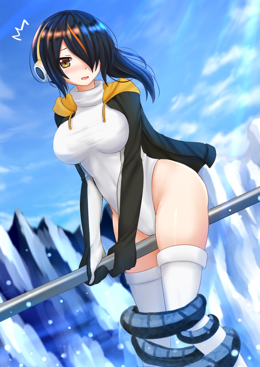 /\/\/\ 1girl black_hair blue_sky blush bound breasts brown_eyes covered_navel cowboy_shot day emperor_penguin_(kemono_friends) glacier hair_over_one_eye headphones highleg highleg_leotard highres hood hoodie ice kazenokaze kemono_friends large_breasts leotard long_hair looking_at_viewer multicolored_hair nose_blush open_clothes open_hoodie open_mouth orange_hair sky solo streaked_hair thigh-highs tied_up wavy_mouth white_legwear white_leotard