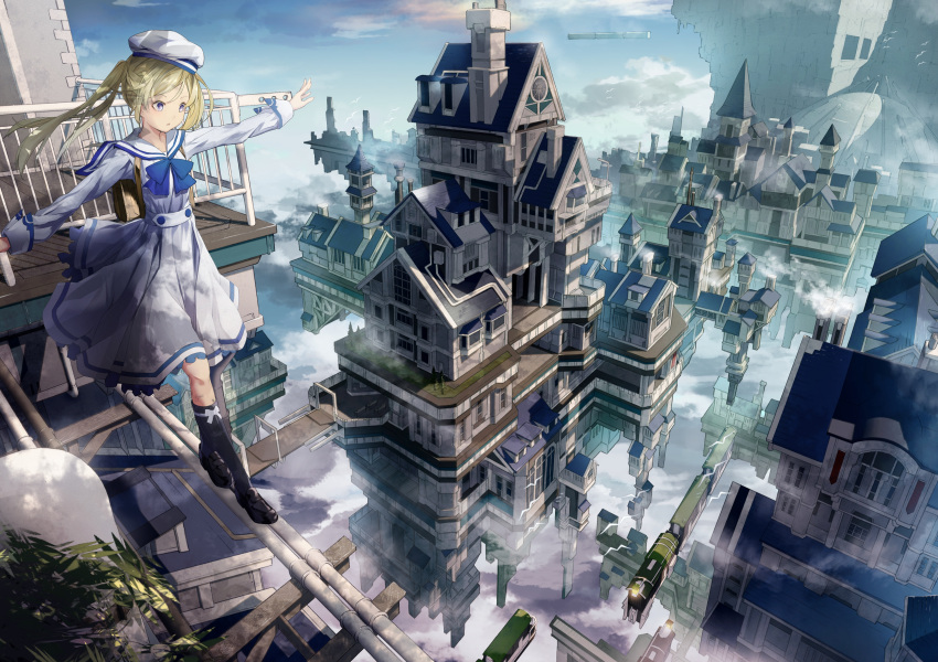 1girl absurdres architecture backpack bag balancing balcony bird black_legwear black_shoes blonde_hair blue_bow blue_bowtie blue_eyes blue_sky bow bowtie building city clouds cloudy_sky commentary_request day dress floating_city ground_vehicle hat highres leaf loafers long_sleeves miya-ki_(miya_key) original pipes railing randoseru sailor_collar sailor_dress shoes sky solo train white_hat