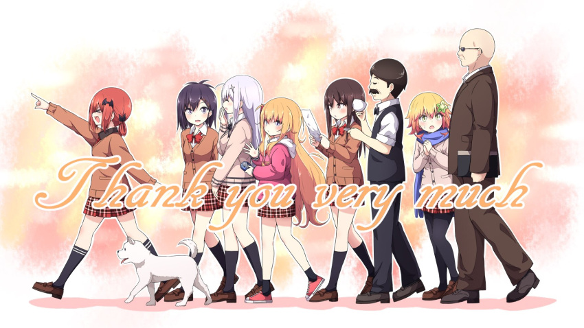 &gt;_&lt; 2boys 6+girls :3 :d ^_^ bald barista black_legwear blonde_hair brown_eyes brown_hair cardigan chisaki_tapris_sugarbell closed_eyes commentary_request cup d: dog english facial_hair fang flower from_side gabriel_dropout green_eyes gurasan_(gabriel_dropout) hair_flower hair_ornament handheld_game_console highres hood hoodie iinchou_(gabriel_dropout) jpeg_artifacts kneehighs kurumizawa_satanichia_mcdowell lavender_hair lineup loafers master_(gabriel_dropout) multiple_boys multiple_girls mustache open_mouth own_hands_together plaid plaid_skirt playstation_portable pointing pointing_forward profile purple_hair redhead saucer school_uniform shiraha_raphiel_ainsworth shoes skirt smile sneakers socks standing sunglasses teacher tenma_gabriel_white thank_you tsukinose_vignette_april ukami violet_eyes walking waving