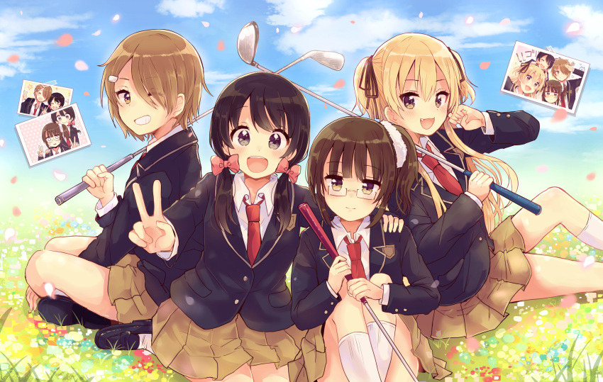 4girls :3 :d ^_^ absurdres between_legs black_eyes black_hair black_ribbon black_shoes blonde_hair blush bow brown_hair brown_skirt character_request closed_eyes closed_mouth collared_shirt commentary_request copyright_request day eyebrows_visible_through_hair eyes_visible_through_hair fang glasses golf_club grass hair_between_eyes hair_bow hair_ornament hair_over_one_eye hair_ribbon hairclip hand_between_legs hand_on_another's_shoulder highres holding_golf_club indian_style kneehighs long_hair long_sleeves looking_at_viewer low_twintails mary_janes multiple_girls niikura_kaori on_ground open_mouth outdoors petals photo_(object) pink_bow pleated_skirt pointing pointing_at_self ribbon rimless_glasses salute school_uniform seiza shirt shoes short_hair side_ponytail sitting skirt smile twintails two_side_up v white_legwear white_shirt wing_collar