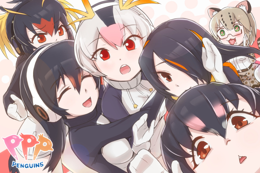 5girls emperor_penguin_(kemono_friends) gentoo_penguin_(kemono_friends) humboldt_penguin_(kemono_friends) kemono_friends looking_at_viewer mact margay_(kemono_friends) multiple_girls penguins_performance_project_(kemono_friends) rockhopper_penguin_(kemono_friends) royal_penguin_(kemono_friends)