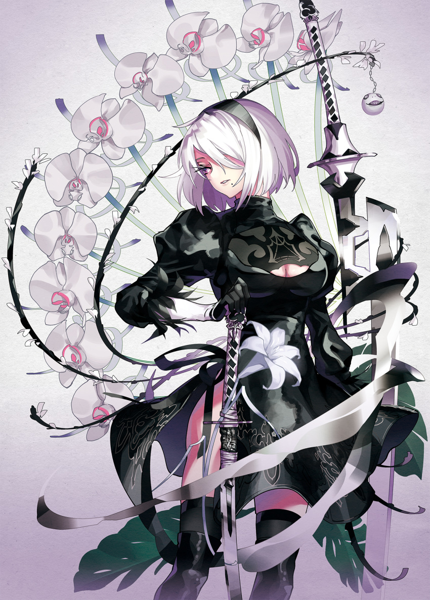 1girl black_boots black_dress black_gloves black_hairband black_legwear blindfold_removed boots breasts cleavage cleavage_cutout cowboy_shot dress feather-trimmed_sleeves floral_background gloves hair_over_one_eye hairband highres holding holding_sword holding_weapon juliet_sleeves katana knee_boots long_sleeves looking_away medium_breasts mole mole_under_mouth nier_(series) nier_automata parted_lips puffy_sleeves short_hair solo sword thighhighs_under_boots tsurukame violet_eyes weapon white_hair yorha_no._2_type_b