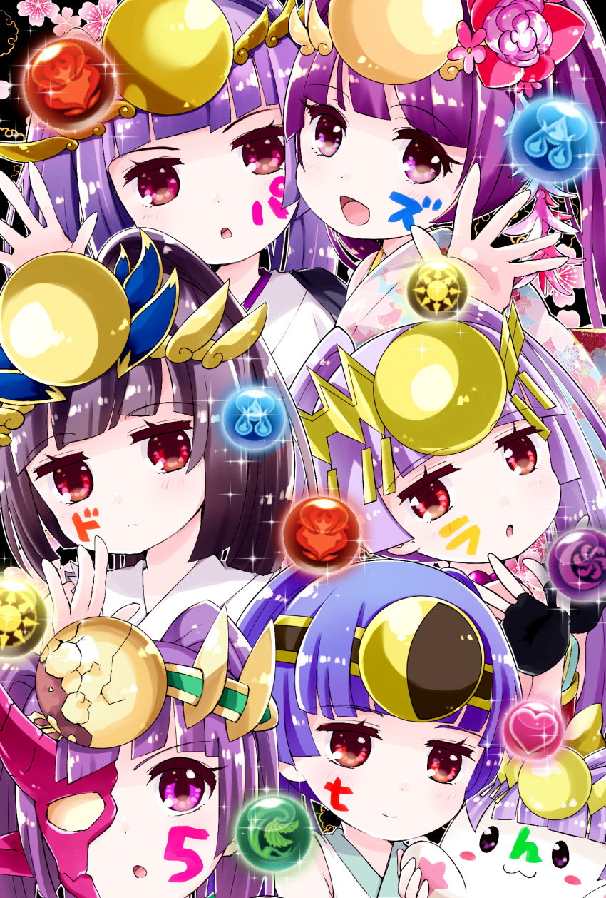 1boy 5girls :3 bangs black_hair blunt_bangs blush_stickers headdress highres looking_at_viewer multiple_girls multiple_persona open_mouth pikomarie purple_hair puzzle_&amp;_dragons red_eyes smile tamadra twintails violet_eyes yomi_(p&amp;d)