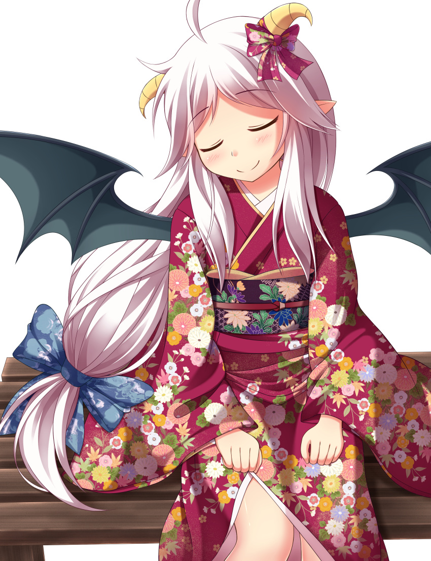 1girl absurdres ahoge bangs bat_wings bench blush bow c: closed_eyes closed_mouth commentary_request dragon_poker eyebrows_visible_through_hair facing_viewer floral_print furisode hair_flaps highres horn_bow horns japanese_clothes kimono long_hair long_sleeves low-tied_long_hair low_ponytail minatsuki_kou obi parted_bangs pointy_ears print_bow print_kimono red_bow red_kimono sash shiny shiny_skin sidelocks simple_background sitting smile solo spread_wings very_long_hair white_background white_hair wide_sleeves wings