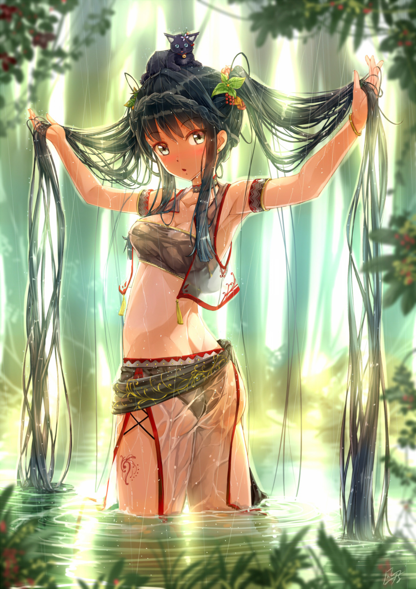 1girl animal animal_on_head bikini_bottom black_cat black_hair breasts cat cat_on_head cleavage grey_eyes highres kazeno long_hair looking_at_viewer on_head original outdoors pelvic_curtain rain see-through solo strapless tattoo tubetop water wet wet_clothes wet_hair