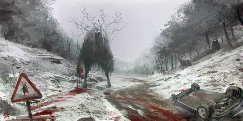 blood blood_stain car day forest glowing glowing_eyes ground_vehicle looking_at_viewer monster motor_vehicle nachoyague nature no_humans original revision road road_sign sign signature sky snow tree troll upside-down vehicle