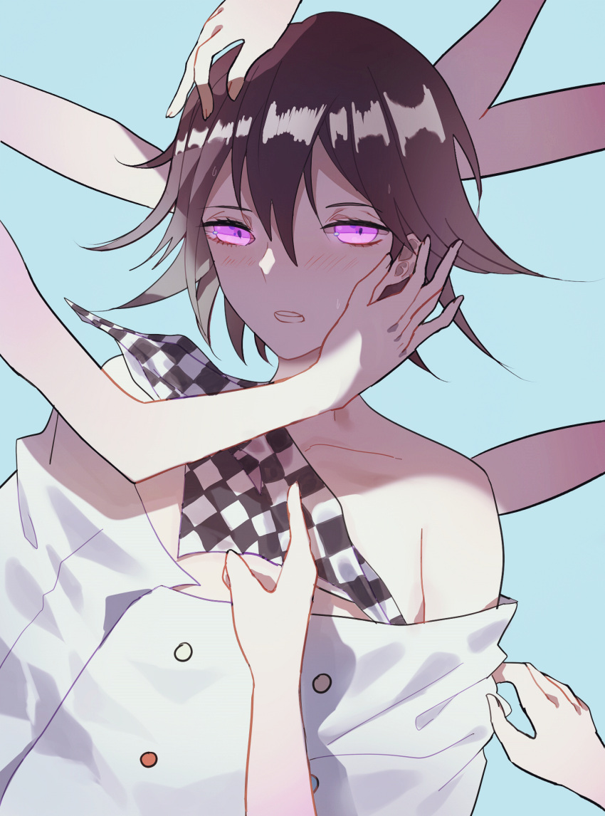 1boy androgynous assisted_exposure black_hair blue_background blush buttons checkered_scarf chocolate_(jitong) collarbone dangan_ronpa eyelashes hands highres looking_at_viewer male_focus new_dangan_ronpa_v3 ouma_kokichi scarf short_hair simple_background solo straitjacket undressing violet_eyes