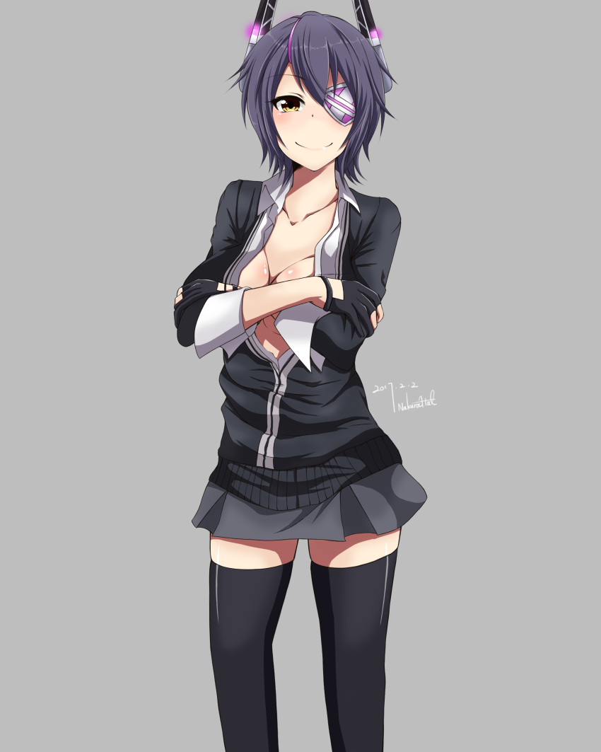 absurdres black_legwear eyepatch fingerless_gloves gloves grey_skirt hal_nakura headgear highres kantai_collection purple_hair school_uniform short_hair skirt smile tenryuu_(kantai_collection) thigh-highs yellow_eyes