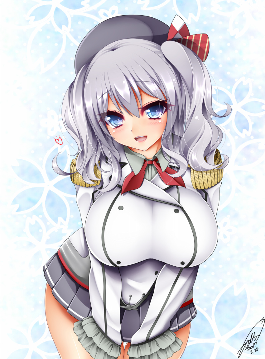 1girl :d beret blue_eyes breasts buttons gloves hat highres jotti kantai_collection kashima_(kantai_collection) kerchief large_breasts long_sleeves looking_at_viewer military military_uniform miniskirt open_mouth parted_lips pleated_skirt pose red_ribbon ribbon short_twintails silver_hair skirt smile solo standing tied_hair twintails uniform wavy_hair white_gloves