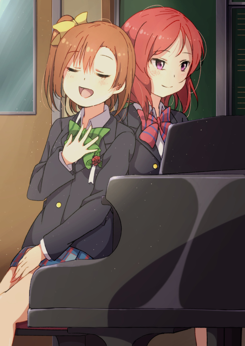 2girls bangs blazer boutonniere bow bowtie classroom closed_eyes commentary_request green_bow green_bowtie hair_bow hand_on_own_chest highres instrument jacket kousaka_honoka long_sleeves love_live! love_live!_school_idol_project multiple_girls music nishikino_maki one_side_up open_mouth orange_hair piano playing_instrument playing_piano red_bow red_bowtie redhead shuca_ca singing sitting skirt smile striped striped_bow striped_bowtie violet_eyes yellow_bow