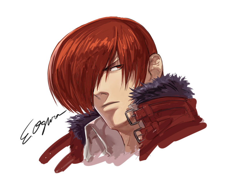 1boy absurdres artist_name bangs collar fur_collar highres official_art ogura_eisuke portrait red_eyes redhead simple_background sketch snk solo solo_focus the_king_of_fighters the_king_of_fighters_xiv yagami_iori