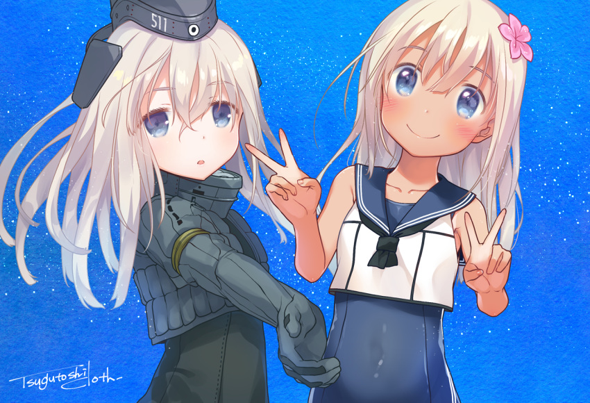 2girls blonde_hair blue_eyes crop_top cropped_jacket double_v dual_persona facing_viewer garrison_cap hat kantai_collection kurosu_tsugutoshi long_hair long_sleeves looking_at_viewer military military_uniform multiple_girls one-piece_tan puffy_long_sleeves puffy_sleeves ro-500_(kantai_collection) sailor_collar school_swimsuit signature smile swimsuit swimsuit_under_clothes tan tanline u-511_(kantai_collection) underwater uniform v