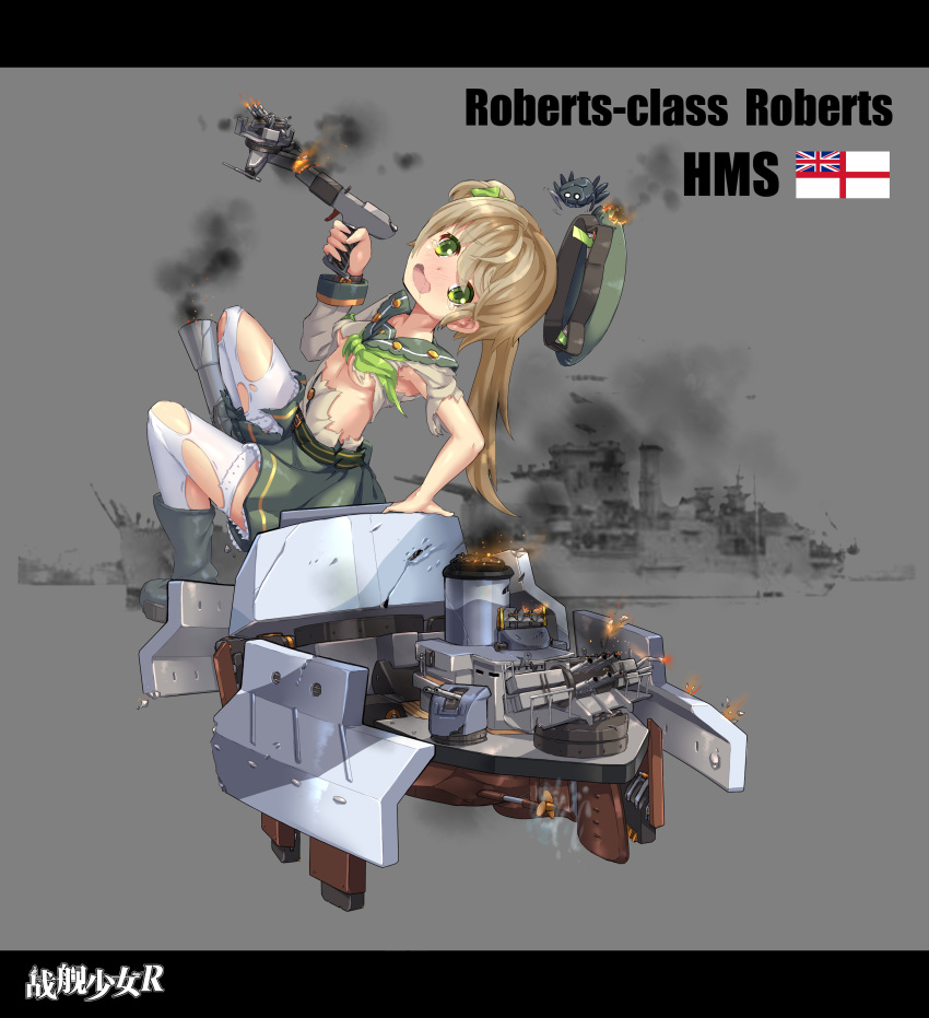 1girl aa_gun absurdres animal_ears blonde_hair boots breasts cannon character_name clothes crab damaged english fire green_eyes hat highres looking_at_viewer military military_vehicle navel open_mouth pleated_skirt propeller radar remodel_(zhan_jian_shao_nyu) roberts_(zhan_jian_shao_nyu) royal_navy saliva ship side_ponytail sirills sitting skirt small_breasts solo teras thigh-highs torn torn_clothes torn_thighhighs turret warship watercraft white_legwear zhan_jian_shao_nyu