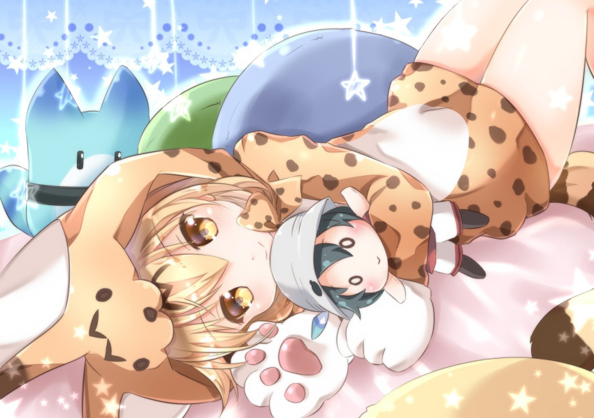1girl angel angel_wings animal_ears bare_shoulders blonde_hair blush bow bowtie character_doll commentary_request gloves hat higashimura kaban kemono_friends looking_at_viewer lying on_back serval_(kemono_friends) serval_ears serval_print serval_tail shirt short_hair skirt sleeveless smile tail wings yellow_eyes