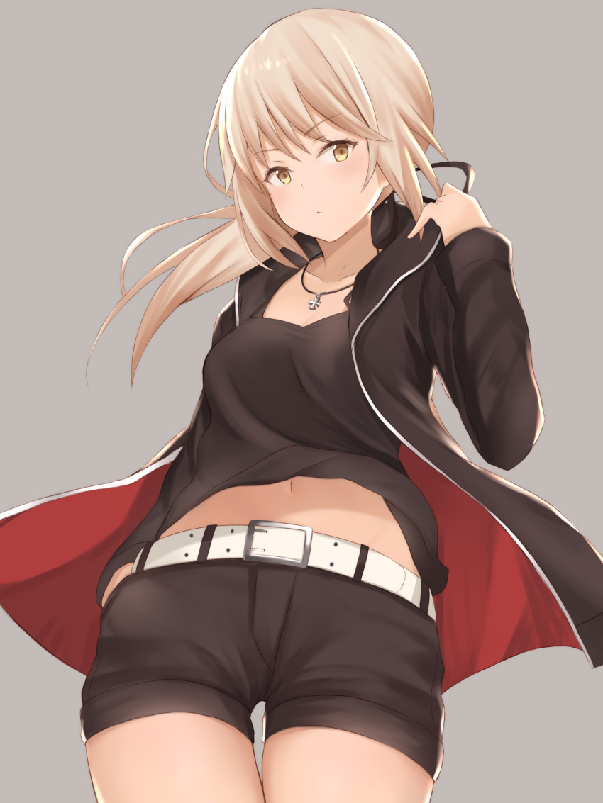 1girl absurdres bangs belt black_shorts blonde_hair blush breasts camisole closed_mouth collarbone cowboy_shot cross cross_necklace eyebrows_visible_through_hair fate/grand_order fate_(series) from_below grey_background hand_in_pocket hand_up highres hood hoodie jewelry long_hair looking_at_viewer maosame medium_breasts navel necklace open_clothes open_hoodie ponytail saber saber_alter short_shorts shorts sidelocks simple_background solo thighs