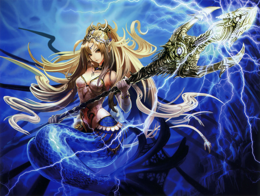 absurdres blonde_hair breasts brown_eyes choker cleavage floating_hair girl hair_ornament head_tilt highres holding holding_weapon huge_filesize jewelry long_hair looking_at_viewer medium_breasts mermaid monster_collection monster_girl navel necklace polearm solo tachikawa_mushimaro underwater very_long_hair weapon