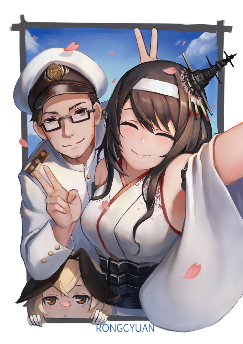 1boy 2girls ^_^ admiral_(kantai_collection) bare_shoulders black-framed_eyewear black_hair blonde_hair breasts brown_eyes closed_eyes clouds detached_sleeves double_v fusou_(kantai_collection) glasses hair_ornament hat highres japanese_clothes kantai_collection long_hair multiple_girls nontraditional_miko petals remodel_(kantai_collection) sailor_hat shimakaze_(kantai_collection) smile src_(rongcyuan_sie) v white_hat