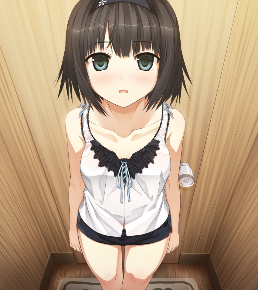 1girl :o absurdres arishima_alice arms_at_sides bangs bare_arms bare_shoulders black_hairband black_shorts blue_ribbon blush bra breasts brown_hair collarbone cura door doorknob eyebrows_visible_through_hair floral_print frilled_shirt frills from_above front-tie_top game_cg green_eyes hairband highres indoors lace lace-trimmed_bra lace-trimmed_shirt legs_together looking_at_viewer looking_up monobeno open_mouth pink_bra ribbon rug see-through shiny shiny_hair shirt short_hair short_shorts shorts side_slit sleeveless small_breasts solo standing striped striped_bra sweat tank_top thighs underwear vertical-striped_bra vertical_stripes white_tank_top wooden_door wooden_floor wooden_wall
