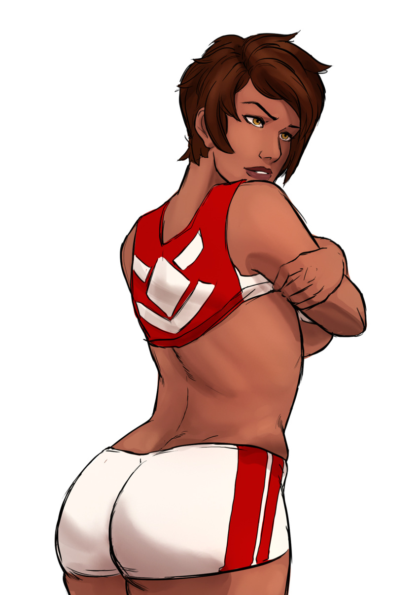 1girl ass breasts brown_eyes brown_hair candela_(pokemon) dark_skin from_behind highres jersey large_breasts naavs pokemon pokemon_go shirt_lift short_hair short_shorts shorts sideboob sketch solo undressing