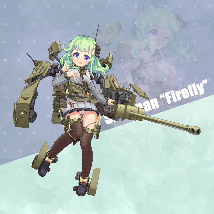 1girl blue_eyes boots braid breasts brown_legwear bullet cannon caterpillar_tracks character_name detached_sleeves dress green_eyes green_hair ground_vehicle gun hair_ornament hand_on_own_chest highres long_hair looking_at_viewer machine_gun machinery military military_uniform military_vehicle motor_vehicle original panties personification sherman_firefly shovel side_braid sirills solo tank thigh-highs turret underwear uniform weapon white_panties worktool zoom_layer