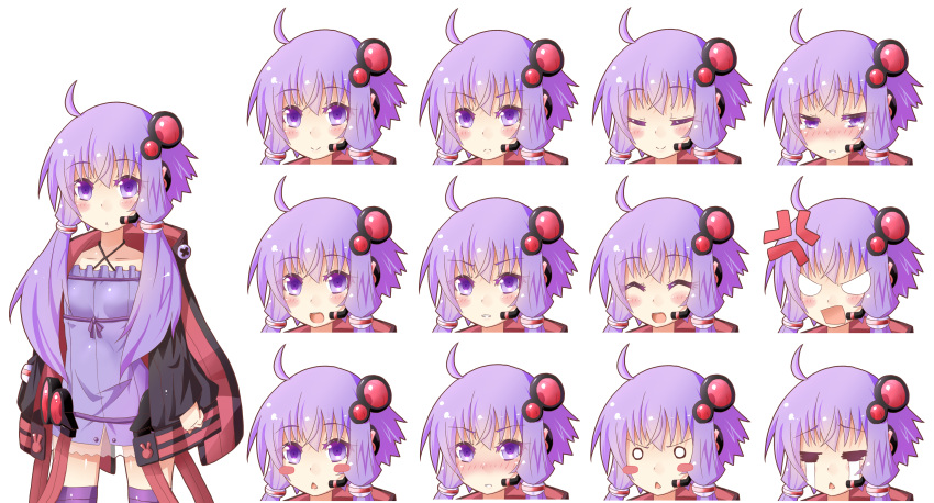 1girl ^_^ absurdres ahoge black_jacket blush blush_stickers closed_eyes crying crying_with_eyes_open dress expressions eyebrows_visible_through_hair hair_ornament headset highres jacket long_hair long_sleeves looking_at_viewer miiyon open_mouth purple_dress purple_hair purple_legwear smile solo tears thigh-highs twintails violet_eyes vocaloid voiceroid yuzuki_yukari
