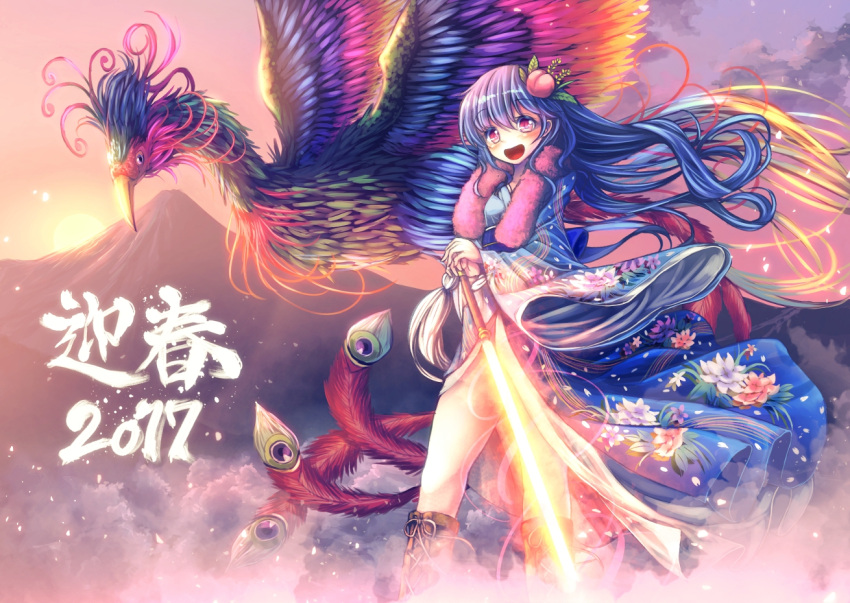 1girl animal bird blue_hair blue_kimono blush boots eyebrows_visible_through_hair food food_themed_hair_ornament fruit hair_ornament hinanawi_tenshi holding holding_sword holding_weapon japanese_clothes kimono long_hair looking_at_viewer mountain open_mouth peach peach_hair_ornament phoenix red_eyes smile sunset sword sword_of_hisou t.m_(aqua6233) touhou translation_request weapon