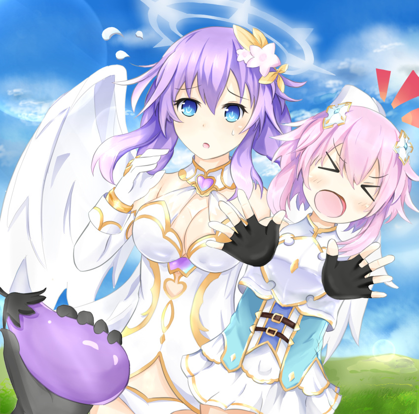 &gt;_&lt; 2girls bangs blue_eyes blush braid breasts choujigen_game_neptune cleavage closed_eyes eggplant female four_goddesses_online:_cyber_dimension_neptune gloves hair_ornament height_difference highres long_hair mctom multiple_girls neptune_(choujigen_game_neptune) neptune_(series) open_mouth power_symbol purple_hair purple_heart short_hair wings