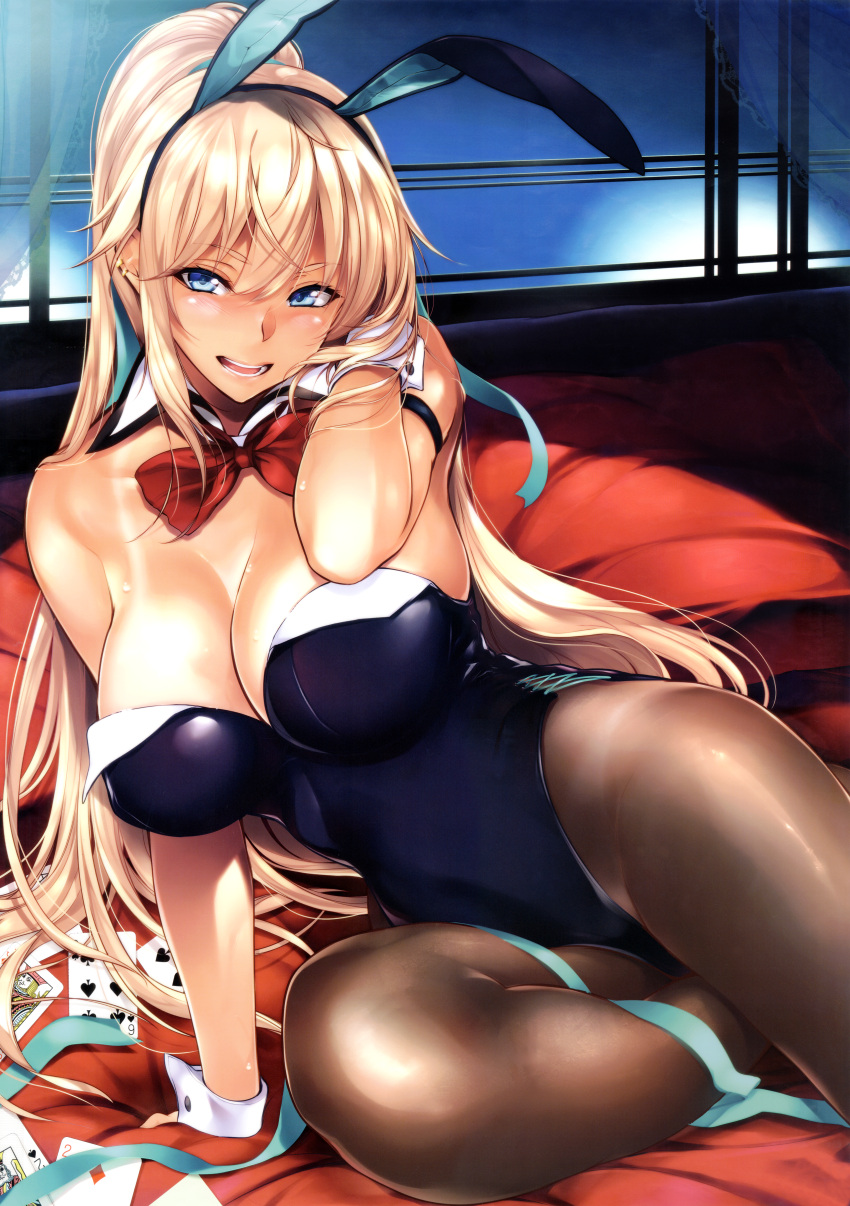 1girl absurdres animal_ears arm_support bare_shoulders bed_sheet blonde_hair blue_eyes bow bowtie breasts brown_legwear bunny_girl bunnysuit card cleavage detached_collar fake_animal_ears fesuta hair_between_eyes high_ponytail highres huge_filesize large_breasts leotard long_hair looking_at_viewer open_mouth original pantyhose ponytail rabbit_ears smile solo tan tanline wrist_cuffs